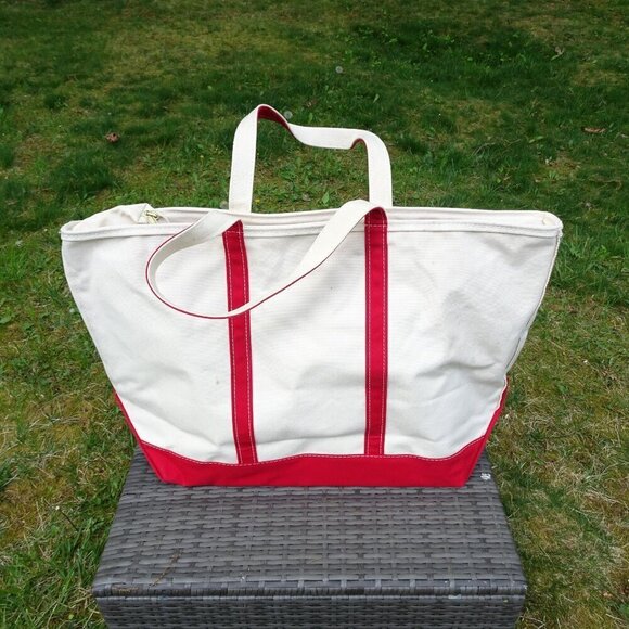 Vintage 90s LL Bean Boat Tote Bag Canvas Short Handles Red Jumbo XL 26"x16 Zip - Picture 2 of 7